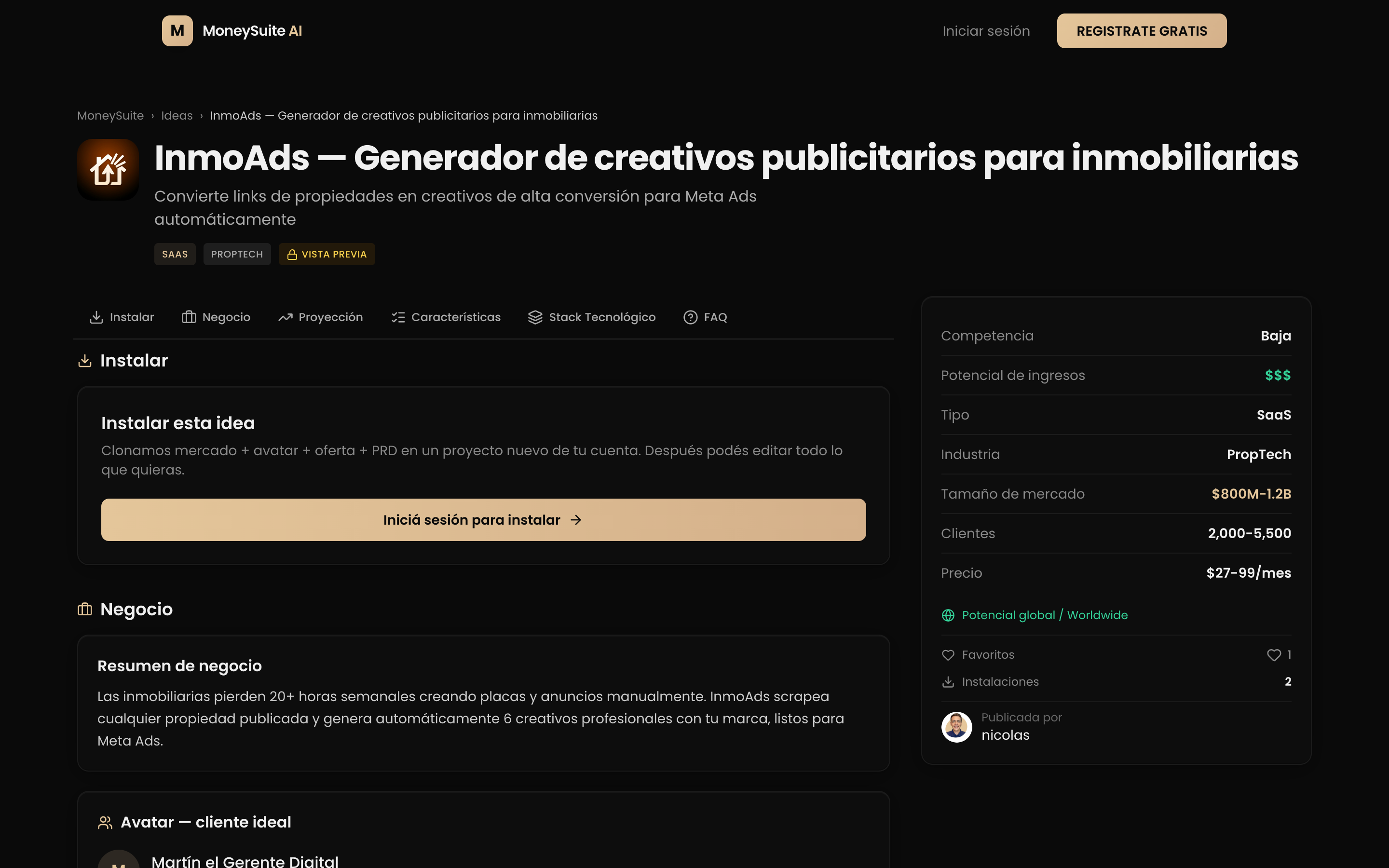 Página de detalle de una idea de startup con tarjeta de stats